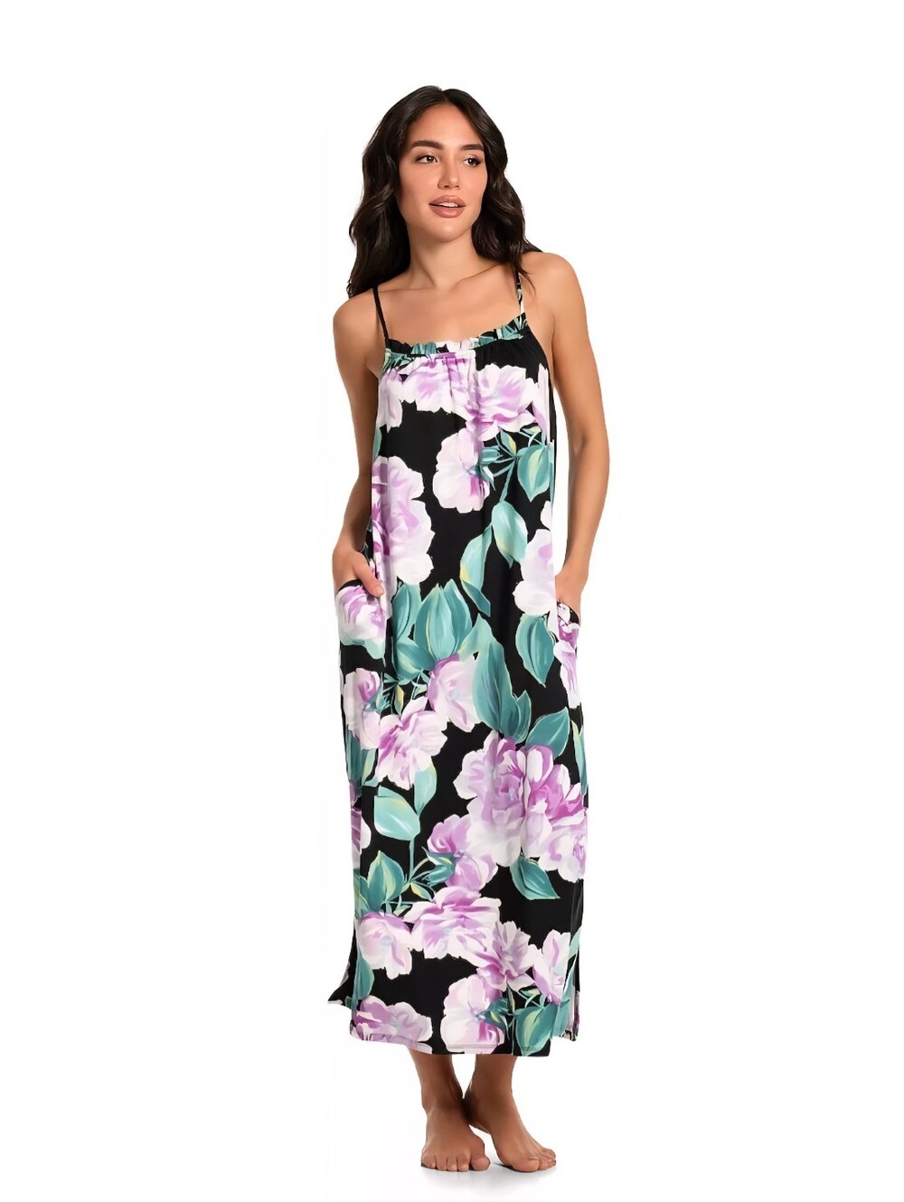 Lilac &London Floral Spaghetti-Strap Maxi Dress  in Black and Lavender Medium